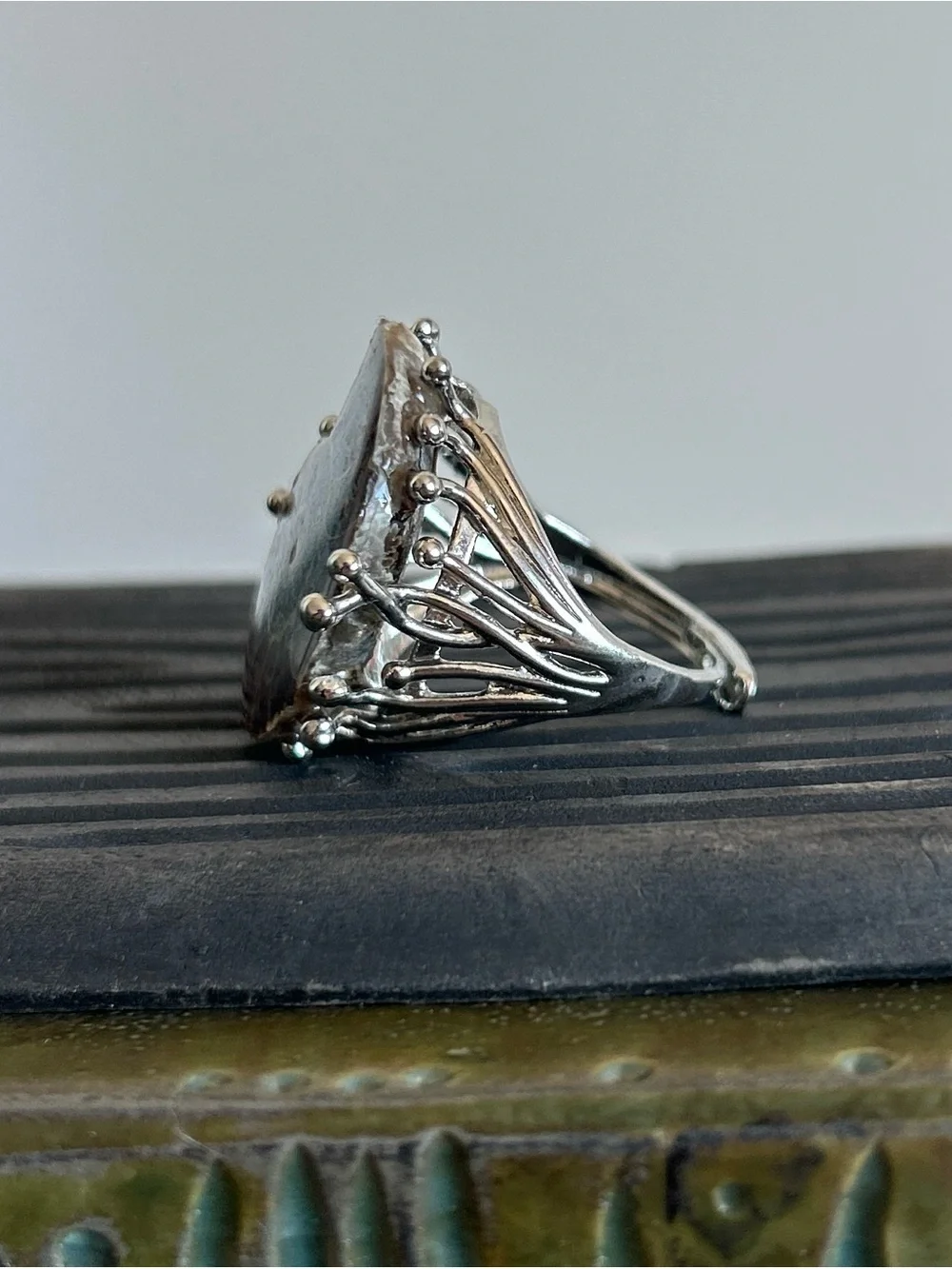Handcrafted Brown Ammonite Shell Ring in Silver Setting